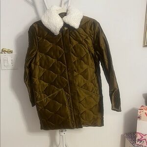 J. Crew Quilted Olive Green Puffer with White Teddy Collar